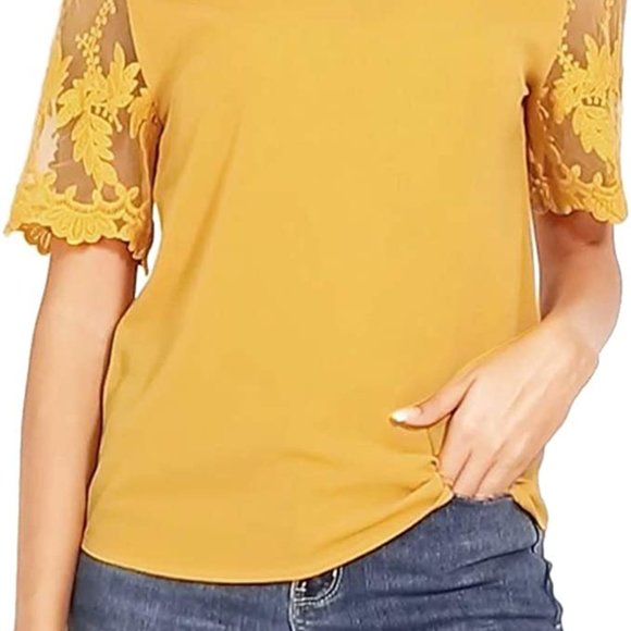 Shy Velvet Lace Sleeve Mustard Yellow Top - Picture 2 of 10